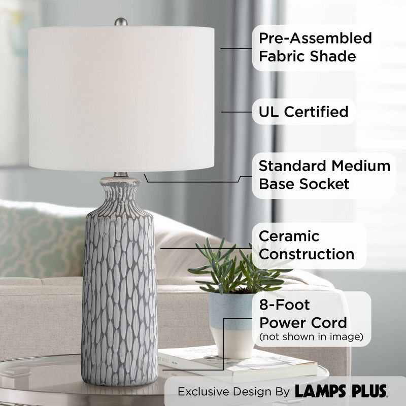 360 Lighting Patrick Modern Coastal Table Lamp 26 1/4" High Gray White Wash Geometric Ceramic Drum Fabric Shade for Bedroom Living Room Bedside Office, 3 of 9