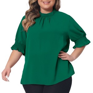 Agnes Orinda Women's Plus Size Work Office Pleated Mock Neck Flounce Sleeve Blouse - 1 of 4