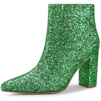 Perphy Women's Glitter Sparkly Pointed Toe Side Zipper Chunky Heels Ankle Boots