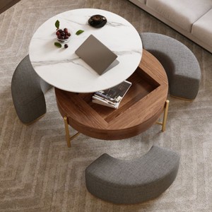 White Faux Marble Lift-Top Round Coffee Table with Hidden Storage,Sintered Stone Top and 3 Upholstered Ottomans for Living Room-Coolbibila - 1 of 4