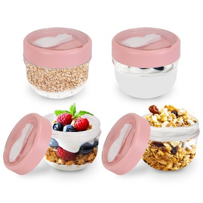 NewHome "4Pcs 20oz Overnight Oats Containers with Lids & Folding Spoons, Leak-proof Meal Storage for Breakfast" Pink