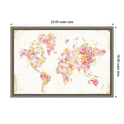 Floral World Map Canvas Print with Gray Polystyrene Frame