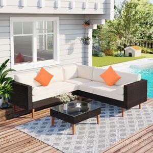 Outdoor 4-Pieces L-Shaped Sofa Set, Wicker Sofa Set with Glass Tabletop Table, Wicker Sofa with Polyester Cushions–Cuddlewood - 1 of 4
