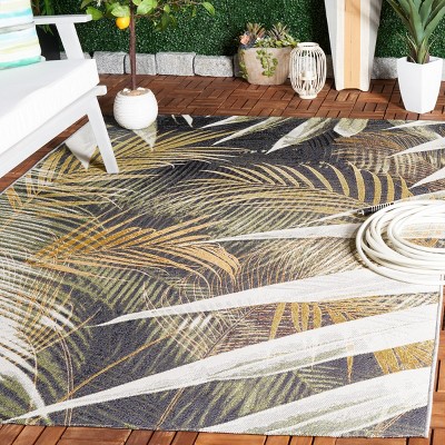 Black and Gold Tropical Synthetic Round Area Rug