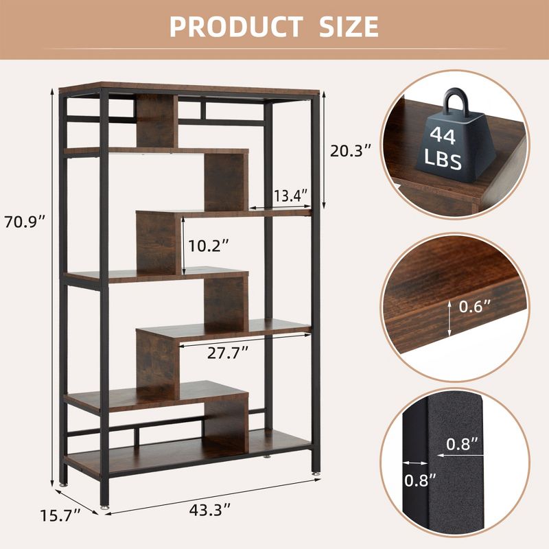 JOMEED 7 Tier Industrial Steel Open Display Asymmetrical Bookshelf Bookcase Organizer Rack for Home, Living Room, and Office, Black/Brown, 2 of 7