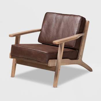 Sigrid Faux Leather Upholstered Wood Armchair Dark Brown/Antique Oak - Baxton Studio