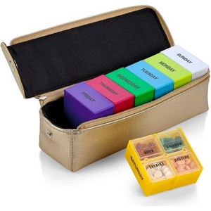 MEDca Large Weekly Pill Organizer – Gold Leather 7-Day Pill Planner with 4 Times/Day Daily Compartments for Travel - 1 of 4