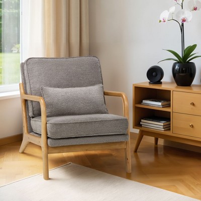 Beige Modern Accent Chair with Lumbar Pillow and Wooden Frame for Living Room or Office