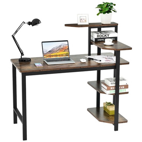 Costway Computer Desk Writing Study Table with Storage Shelves Home Office  Rustic Brown