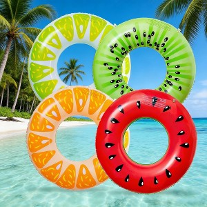 Jasonwell 4PCS Fruit Pool Floats – Watermelon, Kiwi, Orange & Lime Inflatable Swimming Rings for Kids & Adults, Colorful Set - 1 of 4