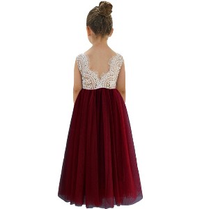 2Bunnies Girls' 12M-12yr Peony Lace Sleeveless Maxi Flower Girl Dress Burgundy 5T