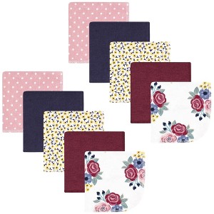 Hudson Baby Infant Girl Flannel Washcloths, Blush Navy Floral 10Pk, One Size - 1 of 4