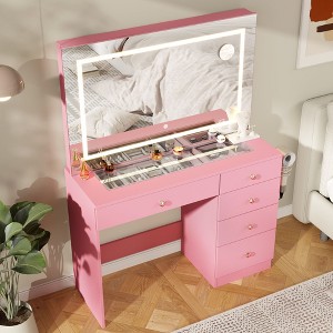 39" Vanity Desk with Mirror and Lights, 5 Drawers Makeup Vanity Desk with Tempered Glass top - 1 of 4