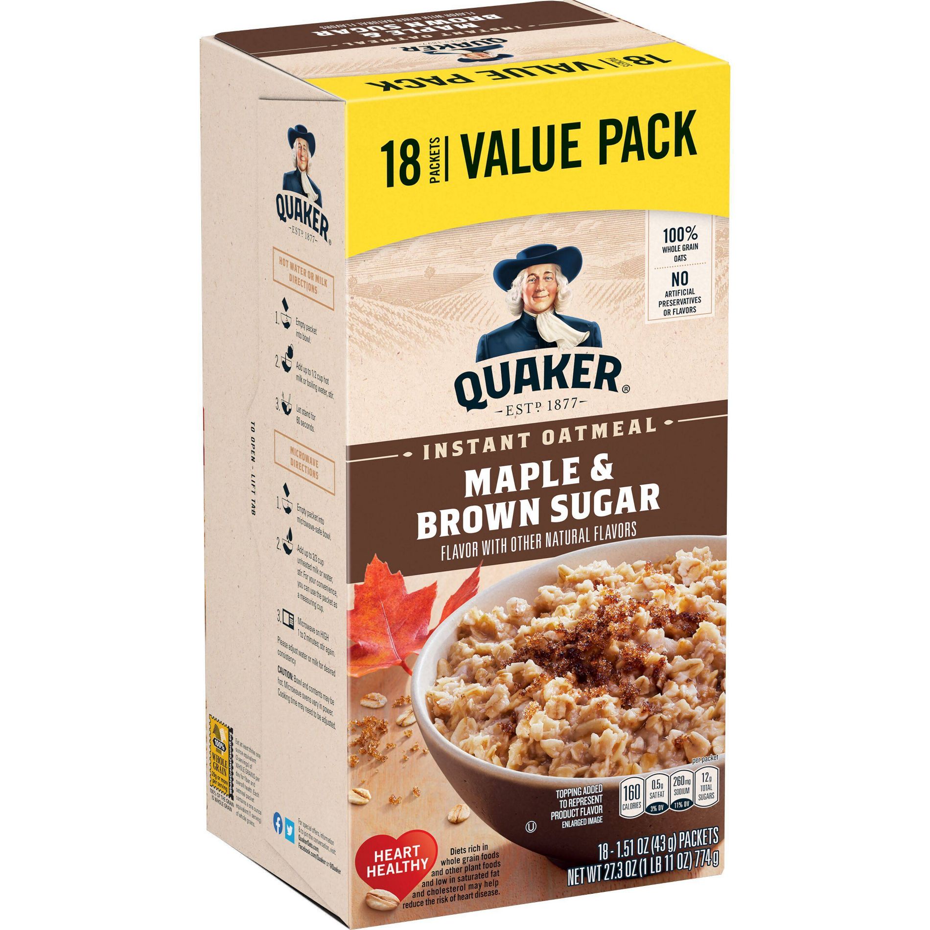 Quaker Instant Maple & Brown Sugar Flavored Oatmeal - 27.3oz/18ct