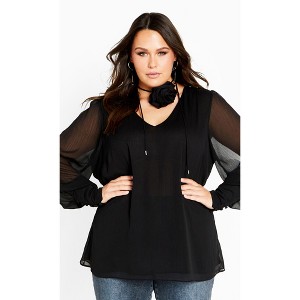 Women's Plus Size Fleur 2 Piece Decorative Flower Neck Tie Top - black | CITY CHIC - 1 of 4