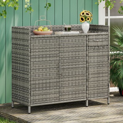 VYNXARIA 47.5"W Wicker Outdoor Storage Cabinet with Tempered Glass Top and Adjustable Shelf