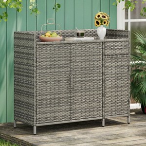 VYNXARIA 47.5"W Wicker Outdoor Storage Cabinet with Tempered Glass Top and Adjustable Shelf - 1 of 4