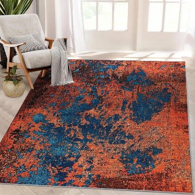 2'x6' Large Modern Abstract Rug, Machine Washable, Non-Slip, Stain Resistant, Ideal for Living Room, Dining, Office, Bedroom, Blue/Red