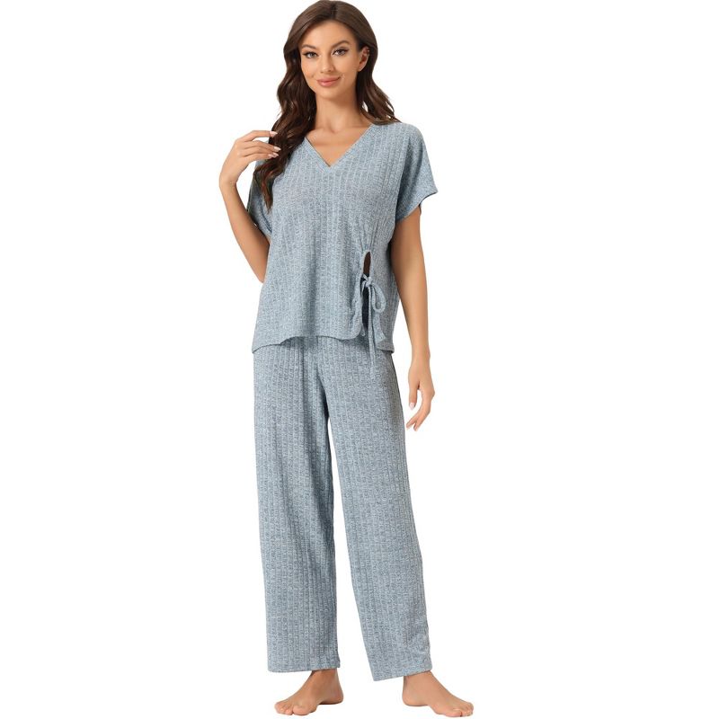 cheibear Women's Lounge Outfits Ribbed Knit Short Sleeve Sleepshirt with Pants Soft Casual Pajama Sets, 1 of 6