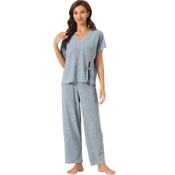cheibear Women's Lounge Outfits Ribbed Knit Short Sleeve Sleepshirt with Pants Soft Casual Pajama Sets