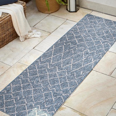 Navy and Light Gray Geometric Synthetic Indoor/Outdoor Runner Rug