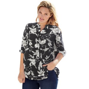 Woman Within Women's Plus Size Rayon 7-Day Three-Quarter Sleeve Tab-Front Tunic - 1 of 4