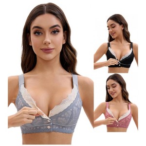 INSPIRE CHIC Front Closure for Women's Lace Full Coverage V Neck Wirefree Adjustable Straps Bras 3 Packs - 1 of 4