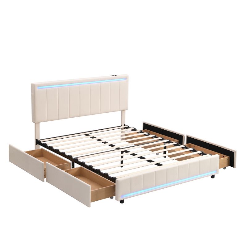 Queen/Full Size Linen Upholstered Bed with LED Light and 4 Drawers, Modern Platform Bed with a set of Sockets and USB Ports - ModernLuxe, 4 of 13