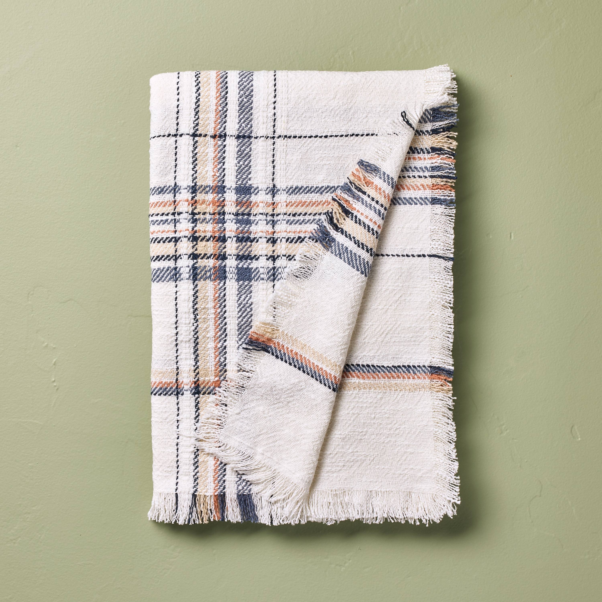Plaid Woven Throw Blanket Sour Cream/Blue - Hearth & Hand™ with Magnolia