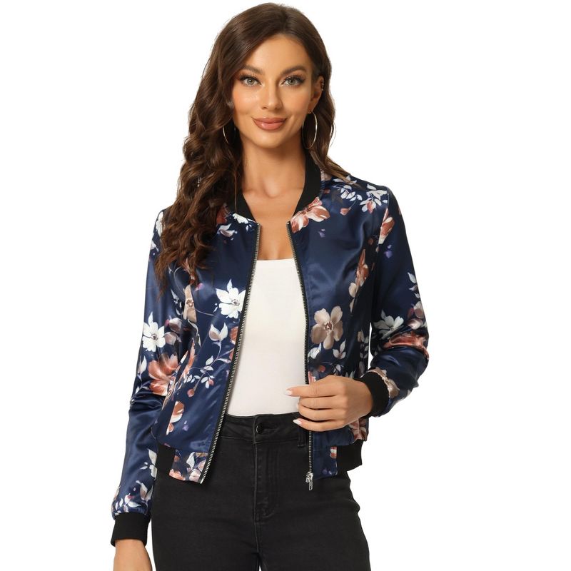 Allegra K Women's Stand Collar Floral Prints Zip Up Lightweight Short Jacket, 1 of 6