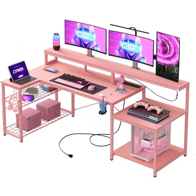 Bestier 71.5" W LED Gaming Desk with Power Outlet, L-Shaped Computer Desk with Monitor Stand