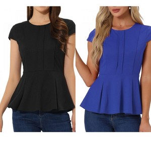 INSPIRE CHIC Women's Elegant Round Neck Cap Sleeve Solid Color Peplum Blouses 2 Packs - 1 of 4