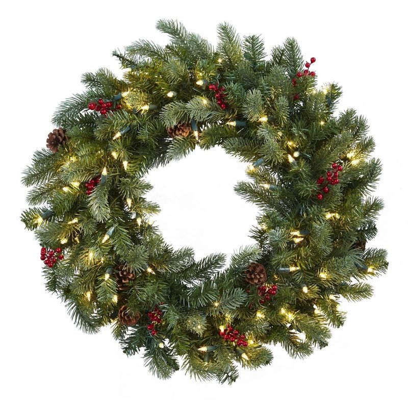 Nearly Natural 30” Lighted Pine Wreath w/Berries & Pine Cones, 1 of 2