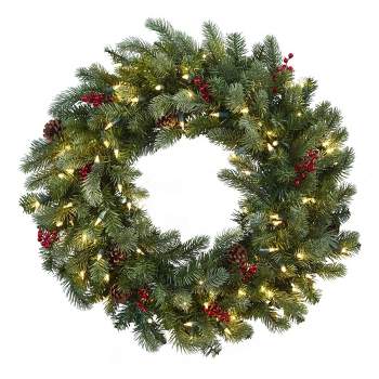 Nearly Natural 30” Lighted Pine Wreath w/Berries & Pine Cones