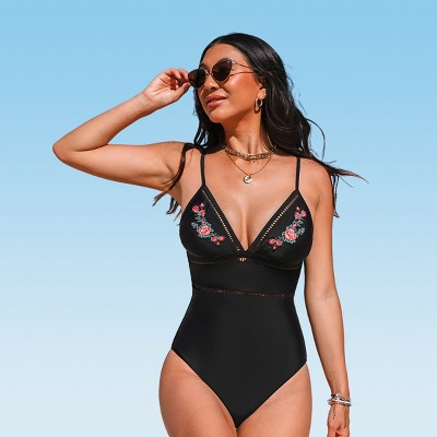 Women's Rose Embroidery One Piece Swimsuit - Cupshe-xs-black : Target