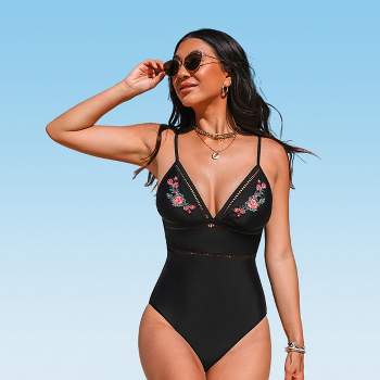 Women's Jacquard Cutout Ruched Tummy Control One Piece Swimsuit -  Cupshe-M-Black
