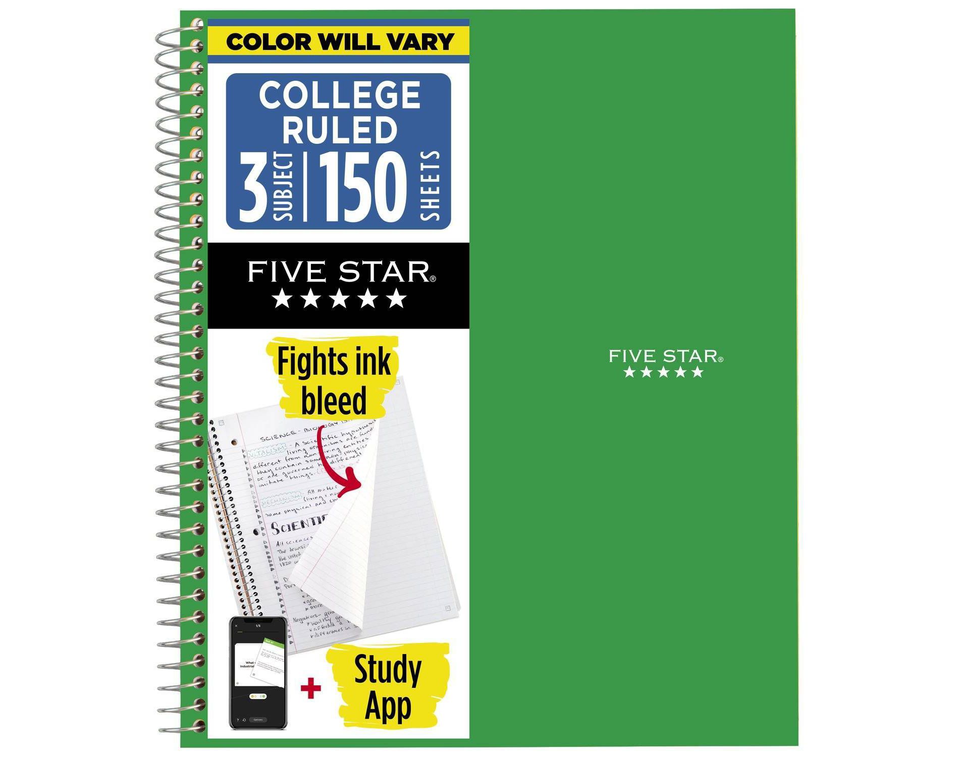 Five Star 3 Subjects 150pg College Ruled Spiral Notebook (Colors May Vary): Perforated, Acid-Free, 3 Hole Punched, Flexible Cover