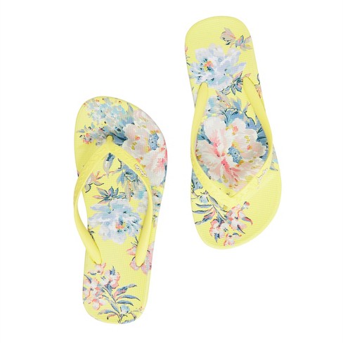 Joules NEW women's flip flops yellow pink floral print flip flops sizes 3-8 