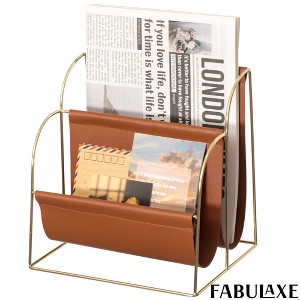 Fabulaxe Gold-Tone Metal Magazine Rack with Brown Faux Leather Sling Freestanding Organizer for Magazines Newspapers & Files - 1 of 4