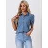 INSPIRE CHIC Women's Denim Collared Short Puff Sleeve Chest Pocket Button Down Shirt - 3 of 4
