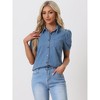 Allegra K Women's Denim Collared Short Puff Sleeve Chest Pocket Button Down Shirt - image 3 of 4