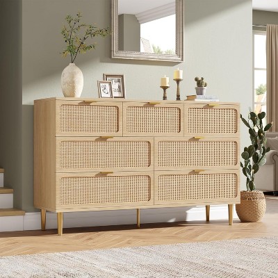 Rattan 7 Drawer Dressers for Bedroom, Tall Dresser with Deep Drawers, Large Chest of Drawers for Closet with Wide Top, Long Wooden Dresser