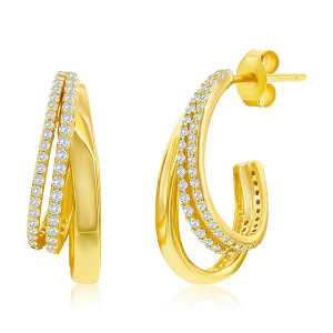 Bella Silver Sterling Silver, Triple Row CZ & Polished Half Hoop Earrings - Gold Plated - Gold - 1 of 2