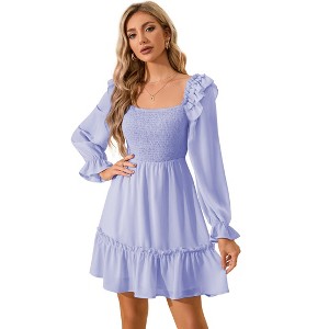 Coolmee Women's Smocked Ruffle Dress Square Neck Long Sleeve Party Dress Cute Wedding Guest Midi Dress - 1 of 4