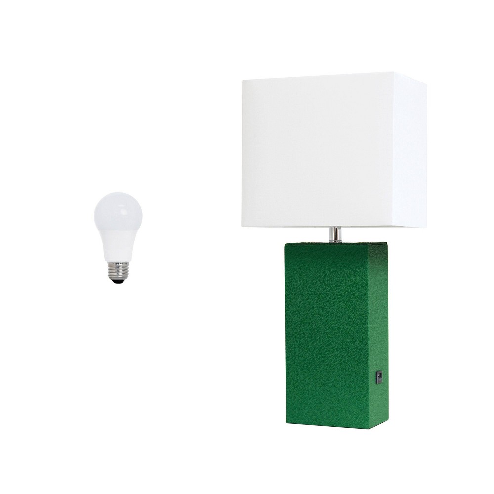 Lalia Home Lexington 21" Leather Base Modern Table Lamp with USB Charging Port and Feit LED (Includes LED Light Bulb) Green