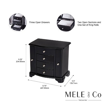 Black Wooden Jewelry Box with Suede Lining and Silver Pulls