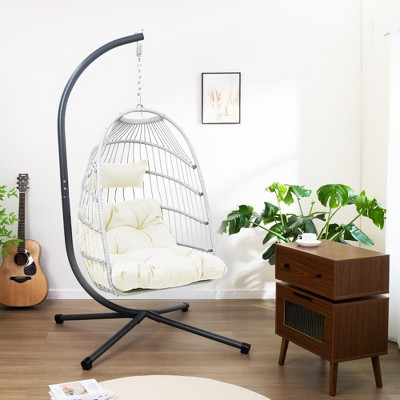 JUJABU Patio Wicker Swing Egg Chair with Stand and Cushions, for Balcony, Poolside, Garden