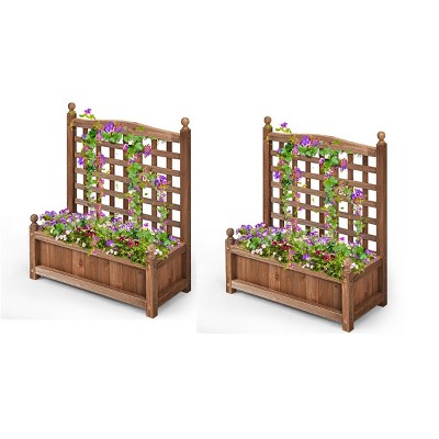 Tangkula Set of 2 Outdoor Wooden Plant Box Flower Plant Growing Box Holder with Trellis