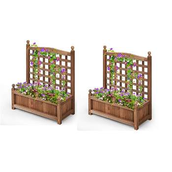 Tangkula Set of 2 Outdoor Wooden Plant Box Flower Plant Growing Box Holder with Trellis