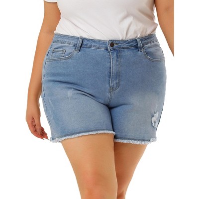 Agnes Orinda Women's Plus Size Denim High Waisted Raw Hem Stretched Distressed Lounge Jean Shorts